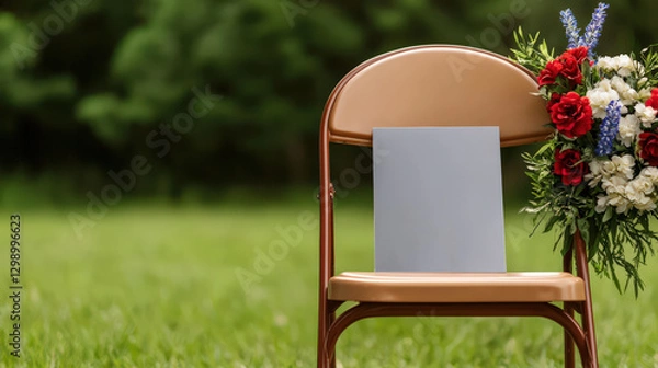 Fototapeta empty chair at Memorial Day ceremony, symbolizing remembrance and honor. chair is adorned with flowers, creating poignant atmosphere