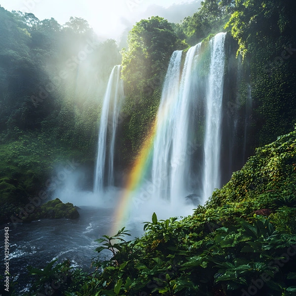 Fototapeta "A Waterfall with Mist Forming a Rainbow, Surrounded by Green Vegetation, Spectacular and Refreshing"