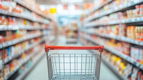 Fototapeta Blurred background of a supermarket with a shopping cart in the foreground. Supermarket shelves filled with various products, including food and household goods.