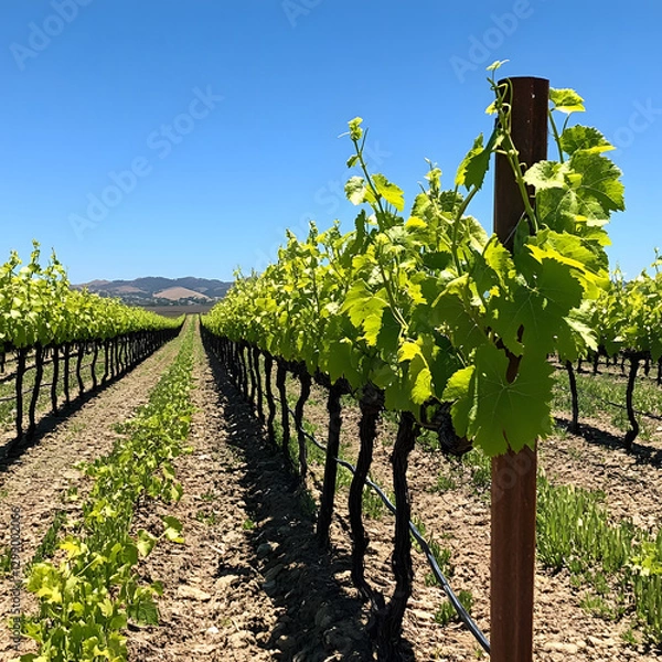 Fototapeta "A Vineyard in Spring, with New Green Leaves on the Vines, Rows Extending to the Horizon, Hopeful and Abundant"