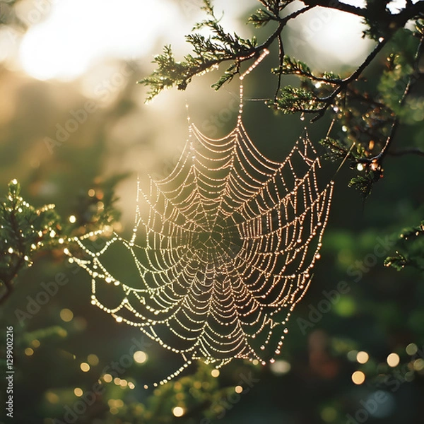 Fototapeta "A Dew-Covered Spider Web in the Morning Light, Symbolizing Purity and Renewal, Delicate and Beautiful"