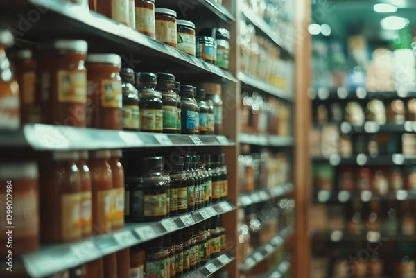 Fototapeta Blurred background of an indoor supermarket with shelves full of products, light and shadow effects, neutral tones, wide-angle lens, bright lighting, product display area in the foreground
