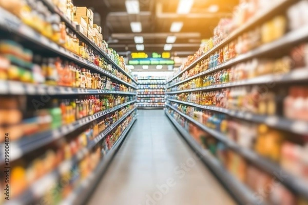 Fototapeta Blurred background of an indoor supermarket with shelves full of products, light and shadow effects, neutral tones, wide-angle lens, bright lighting, product display area in the foreground, 
