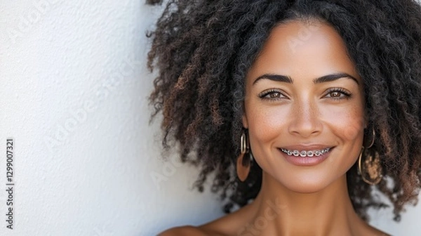 Obraz Close Up Portrait of a Smiling Young Woman with Curly Hair and Freckles