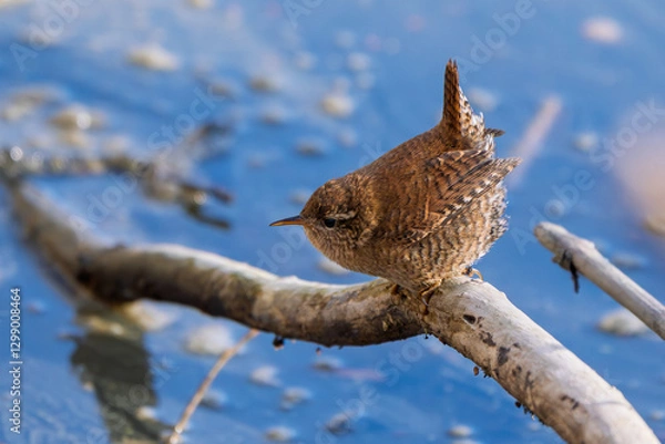 Fototapeta Zaunkönig am Boden auf der Futtersuche an einem Bach / Vogel