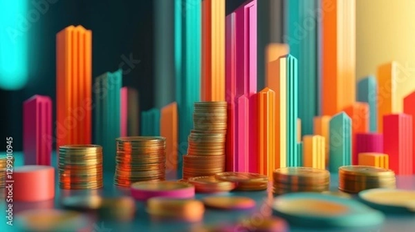Fototapeta 3D digital illustration of financial trading concepts with colorful bar graphs and stacked coins, symbolizing economic growth and investment opportunities