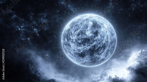 Fototapeta frozen planet orbiting a dying star, showcasing the jagged frost patterns across its polar caps reflected by the dim starlight