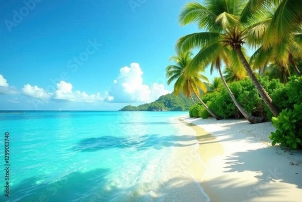 Fototapeta Palm-fringed shore, crystal clear water, sun-drenched paradise , sea, ocean