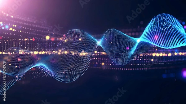 Fototapeta Abstract digital wave of glowing blue and purple dots with dynamic light and motion