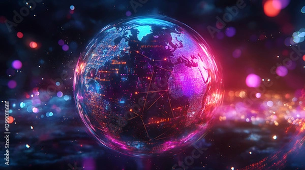 Fototapeta Neon Global Network Futuristic Earth Design with Vivid Colors