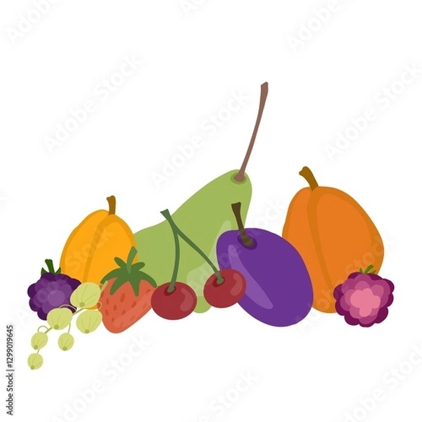 Fototapeta Colorful  illustration of various fruits, including cherries, pear, plum, pumpkin, strawberry, blackberry, raspberry, and currants. Bright and fresh design perfect for food-related projects, pac