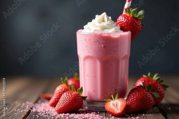 Obraz Thick strawberry shake, fresh berries & cream, delicious, whipped cream