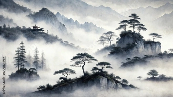Fototapeta Serene Mountaintop Pavilion Enveloped in Misty Peaks and Ancient Pines
