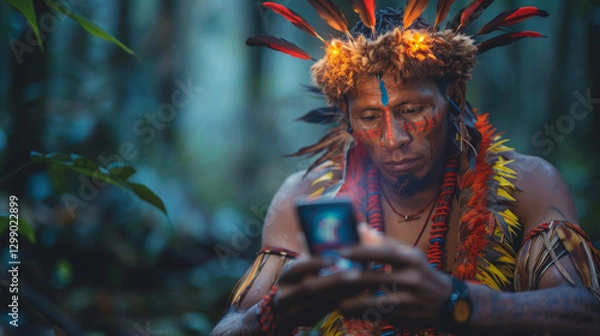 Obraz A man wearing a colorful headdress and holding a cell phone