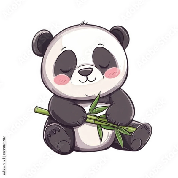 Obraz Cute chibi style panda holding bamboo shoot, exuding playful and joyful vibe. This adorable character captures essence of fun and whimsy
