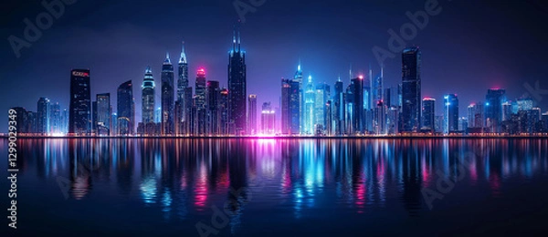 Obraz Panoramic view of the skyline in a City at night with reflections