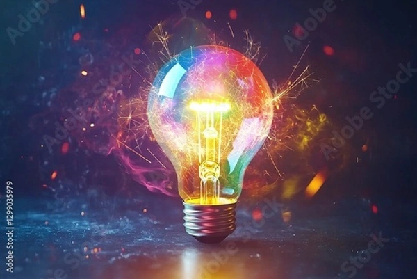 Fototapeta Creative light bulb with a colorful explosion of energy and sparks on a dark background, a concept for innovation or creative thinking. Copy space available. High quality image