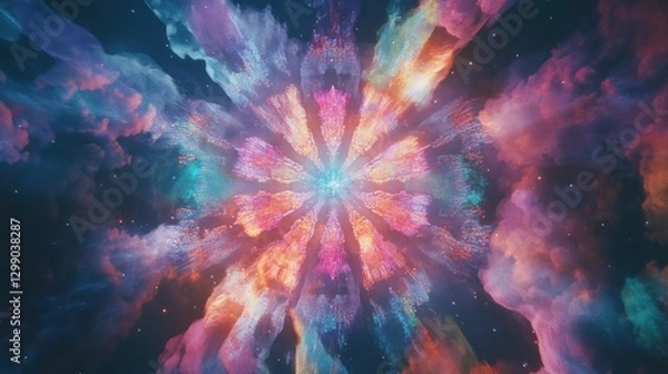 Fototapeta Colorful Explosion of Powder with Cloud-like Smoke and Starry Sky