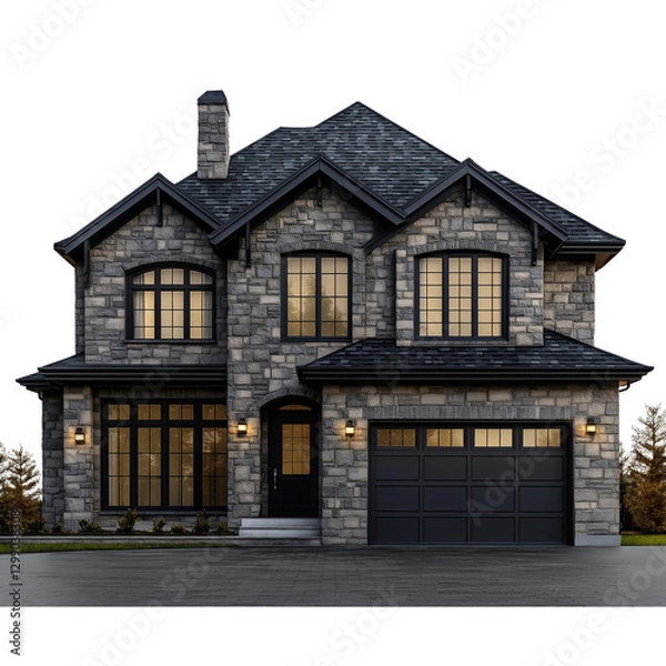Fototapeta A gray stone house with black windows and a garage door isolated on a transparent background PNG