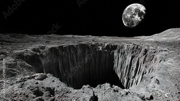 Fototapeta Massive lunar crater with dual canyons, showcasing asteroid impact's geological transformation.
