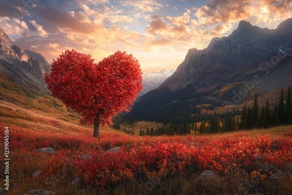 Fototapeta Heart-Shaped Red Tree in a Vibrant Meadow at Sunset with Colorful Flowers