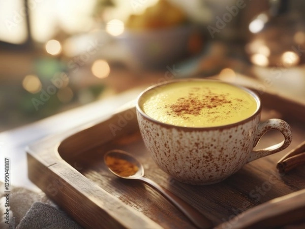 Fototapeta Photograph of a golden turmeric latte in a ceramic cup, sprinkled with cinnamon and served with a small spoon.