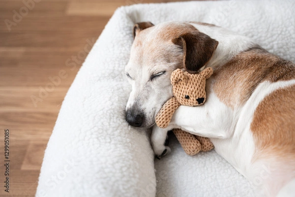 Fototapeta dog tired sleeping in pet bed face hugging best friend family toy bear. Senior dog Jack Russell terrier resting at home. Horizontal composition. resting at home sweet dreams atmosphere, empty space