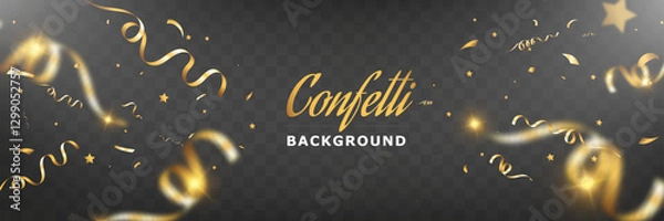 Fototapeta Golden confetti and ribbons on dark background, festive celebration backdrop, luxury party decoration, sparkling gold stars, elegant event design.