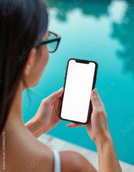 Fototapeta Mock up image of woman hand holding and using mobile smart phone with blank white scree in shopping mall center blur backgroundmobile applicationmobile bankingonline shopping concept clipping path iPh