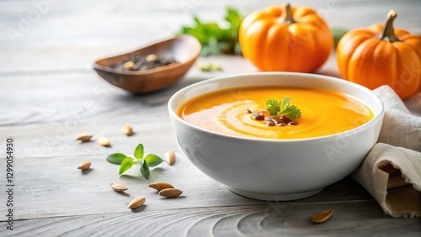 Fototapeta Aromatic Pumpkin Soup Garnished with Seeds and Herbs Served in a Bowl Near Small Pumpkins on a Rustic Table