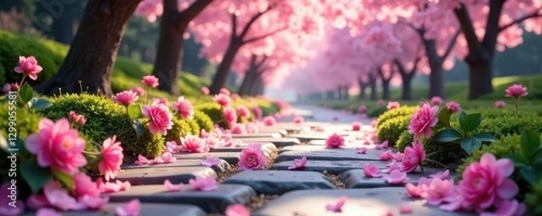 Fototapeta Pink sakura flowers scattered on a soft gray stone path, path, nature, pink sakura