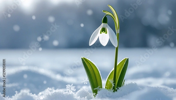 Fototapeta A delicate, white snowdrop flower, petals drooping gently, surrounded by a subtle mist, against a soft, muted green background