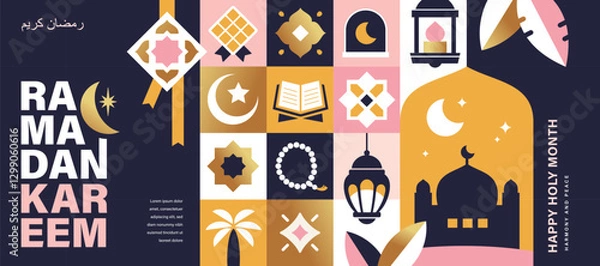 Obraz Ramadan Kareem vector illustration in flat geometric style design for poster, greeting card, banner and cover. Translation: Ramadan KareemRamadan Kareem vector illustration in flat geometric style des
