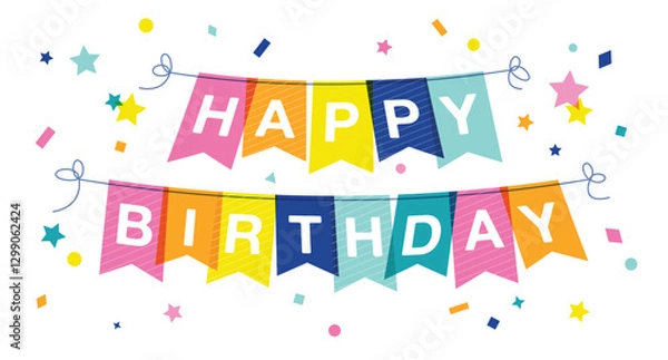 Obraz Happy birthday party banner. Colorful party flags isolated on white background.