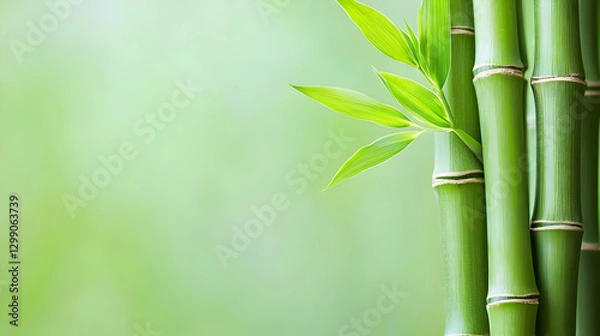 Fototapeta Close Up Of Green Bamboo Stems With Fresh Green Leaves And A Soft Green Background