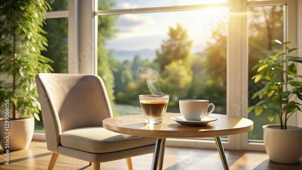 Fototapeta Serene morning sunlight streams through a large window illuminating a cozy chair and a small table with steaming coffee drinks, creating a peaceful atmosphere.