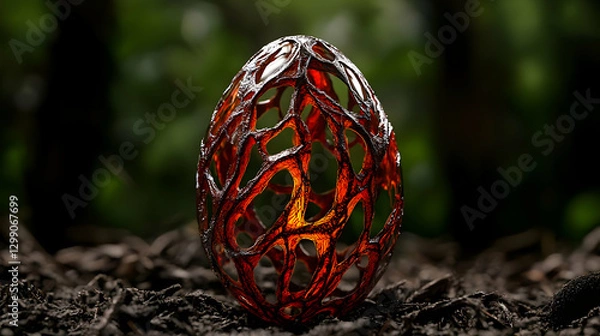 Fototapeta Ornate Red And Orange Egg With Abstract Pattern On Dark Ground In Forest