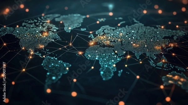 Fototapeta Digital cyber world map with global network links