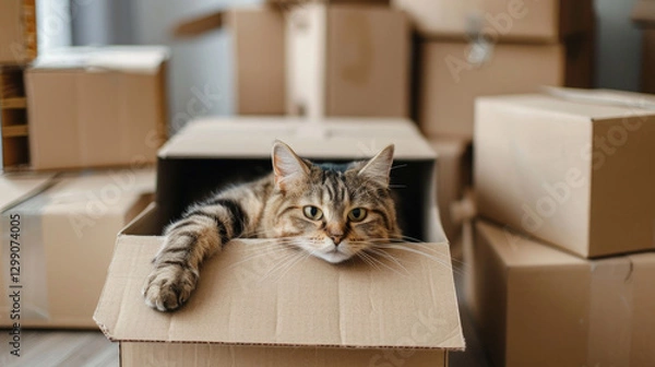 Fototapeta Playful Tabby Cat Relaxing Inside a Cardboard Box Surrounded by Moving Boxes in a New Home Environment