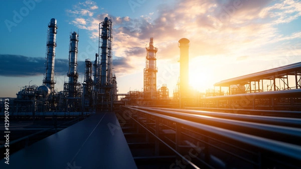 Fototapeta A futuristic petrochemical complex with sleek blue tones, showing a network of oil refineries, gas plants, and power generation equipment, all lit by the intense sunlight of a clea