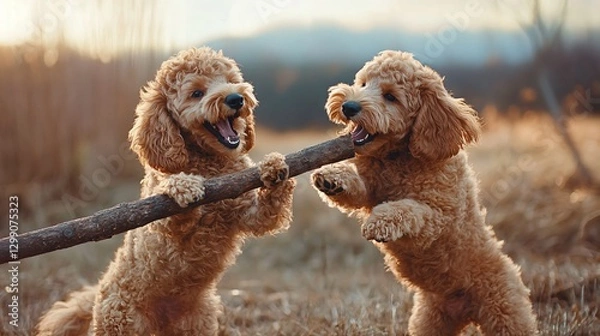Obraz Energetic Goldendoodles Enjoying Playtime with Oversized Stick in Grassy Field