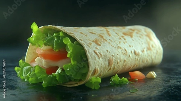 Fototapeta Freshly made wheat tortilla wrap with green lettuce and tomato ingredients for healthy lunch concept
