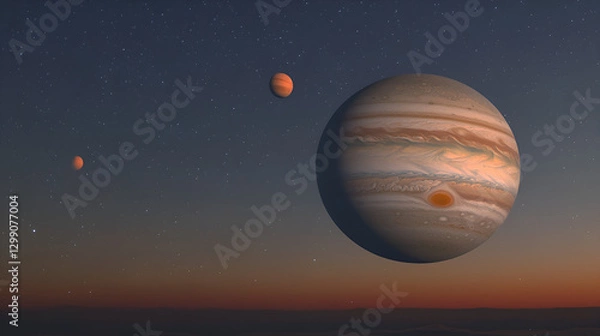 Fototapeta Stunning view of Jupiter and its moons in a cosmic landscape against a starry sky during twilight
