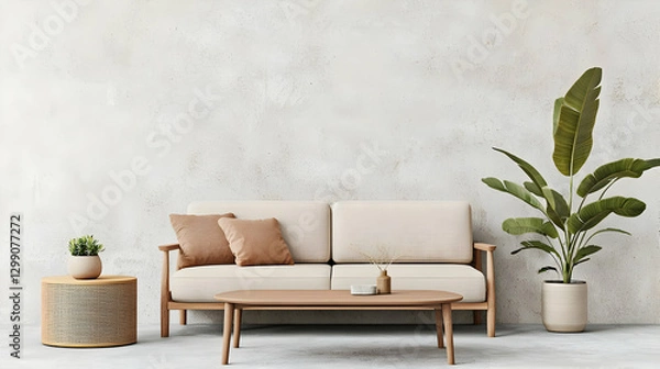 Fototapeta Minimalist Living Room Interior Featuring Wooden Furniture and Potted Plants Against Textured Wall