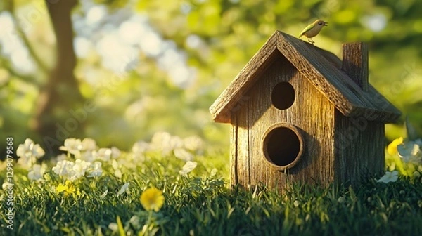 Fototapeta Charming Wooden Bird House on Natural Grass Background for Garden Decor, Eco-friendly Habitat Structure