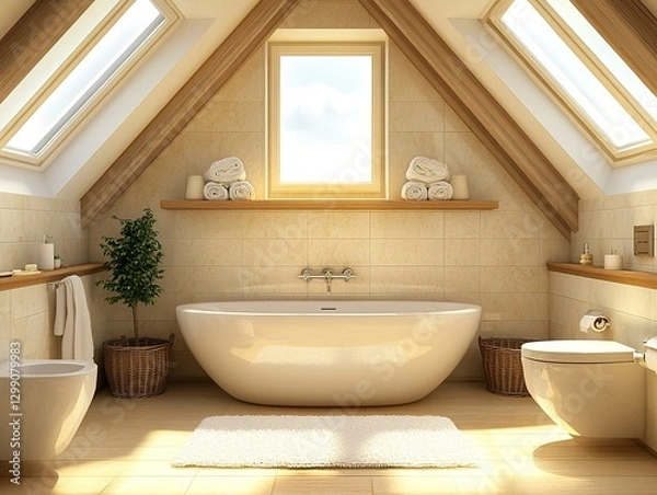 Fototapeta Modern, bright bathroom with white marble tiles and wood accents, a large freestanding bathtub, toilet, sink on a wooden shelf, and skylight windows above the ceiling. High-resolution photography. 