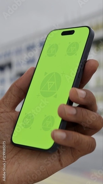 Obraz GREEN SCREEN CHROMA KEY Person holding a smartphone with a green screen on a busy urban street featuring colorful buildings and traffic in the background