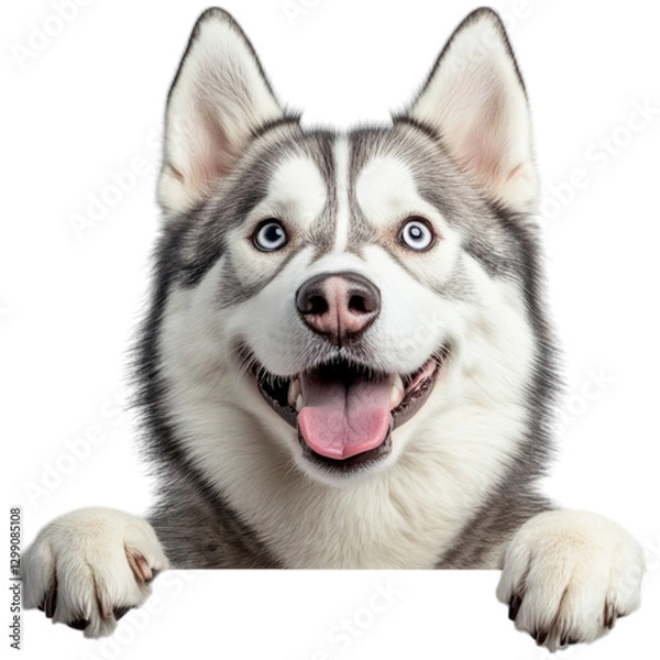 Fototapeta A cheerful Siberian Husky with striking blue eyes and a playful expression, leaning over a surface with its paws.