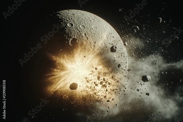 Fototapeta an asteroid hitting the Moon, highlighting the bright spotlight of the impact, large cloud of dust, and displaced lunar rocks