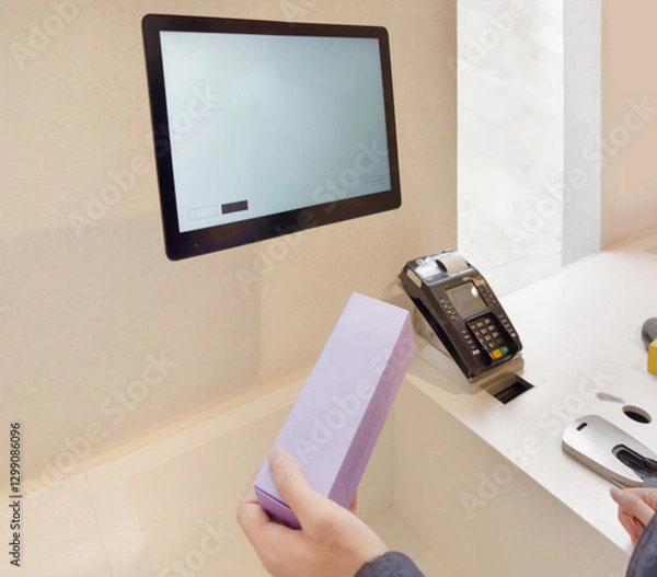 Fototapeta self checkout systems in retail stores,Barcode scanner,Self checkout machine	